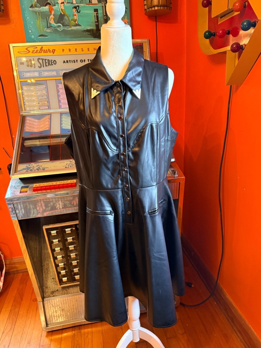 Black Faux Leather Sleeveless Scorpion swing dress by Rebel Love (Elle Rebel) 2X